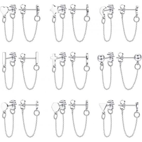 9 Pairs Chain Earrings Ear Cuffs Minimalist Bar Earrings With Chain Stainless Threader Stud Earrings For Women